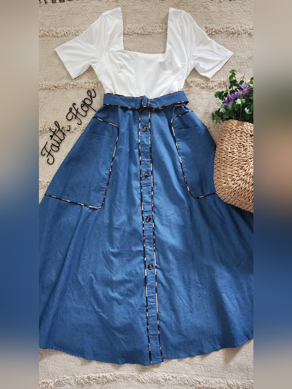 Blue Button-Front A-Line Maxi Skirt with Belt